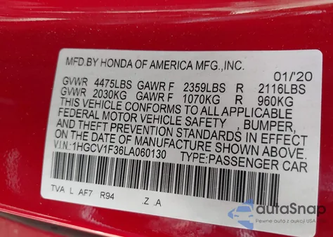 2020 Honda Accord Sport z USA, uszkodzony, nr VIN 1HGCV1F36LA060130